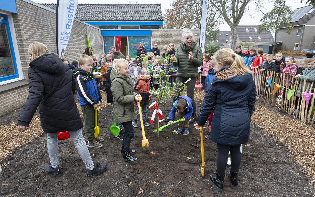 De groene kinderraad van 't Rastholt plantte samen met Grietje Loof een appelboom. 
