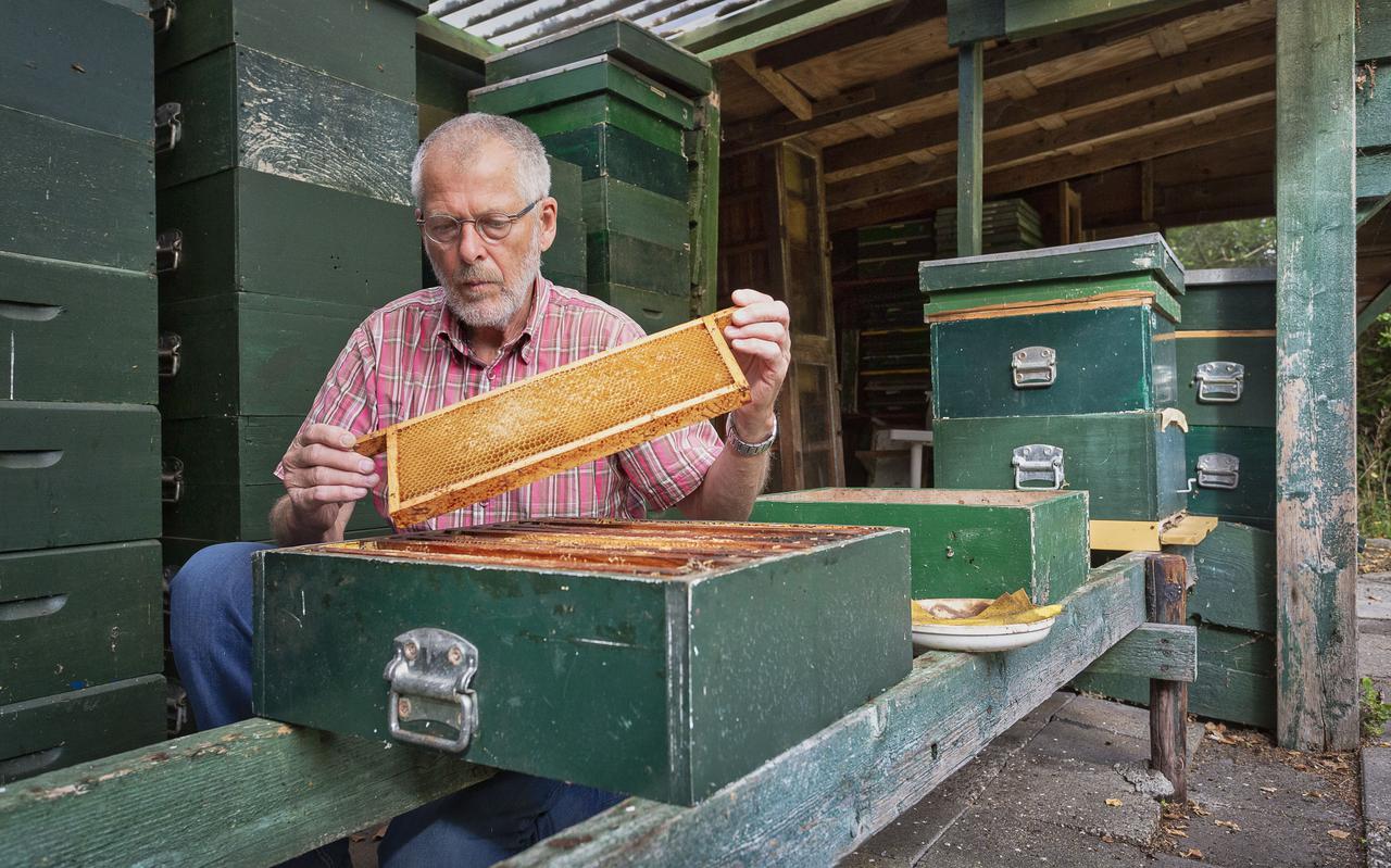 Imker Gijs Beekhuis laat zien waar de bijen in een kast hun honingraat op maken.