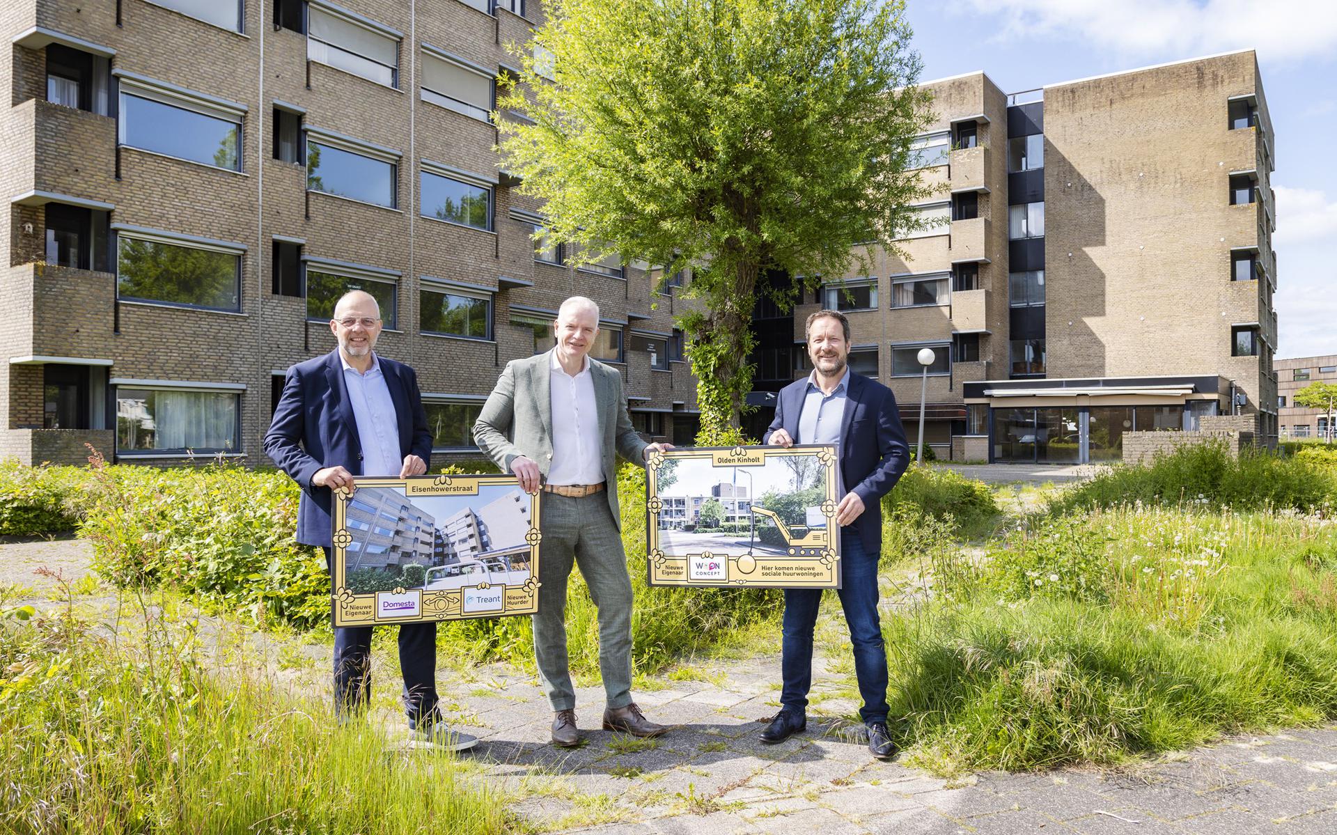 Bert Moormann (Domesta), Ron Akkerman (Treant) en Marcel van Halteren (Woonconcept) zijn blij met de gezamenlijke oplossing voor vernieuwbouw in Hoogeveen.