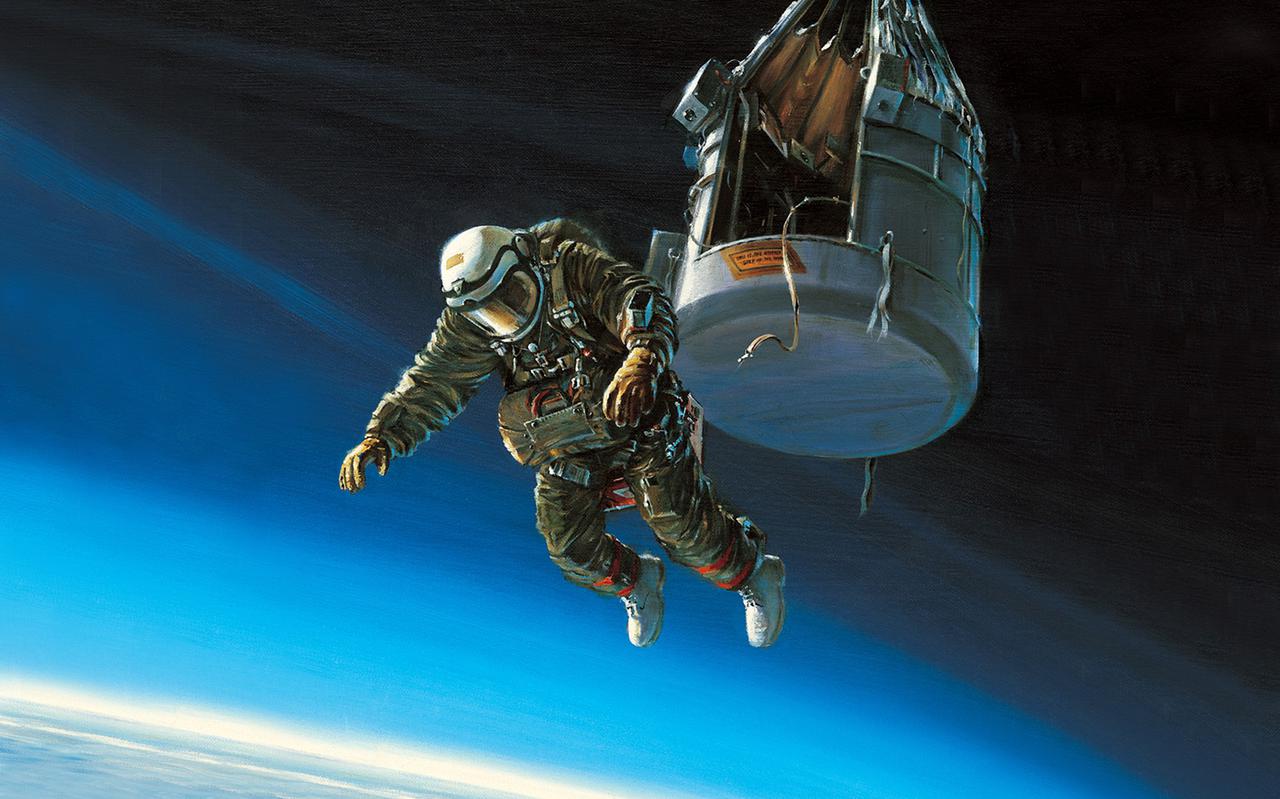 Gekleed in een astronautenpak en voorzien van een parachute sprong Kittinger op duizelingwekkende hoogte uit een speciaal vervaardigde mand onder een grote heliumballon. 