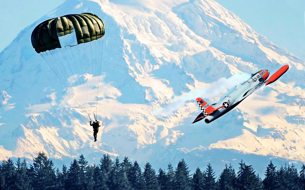 Terwijl Steeves aan zijn parachute hing, vloog zijn T-33 te pletter tegen een bergwand. (fotomontage Gerrit Boxem)