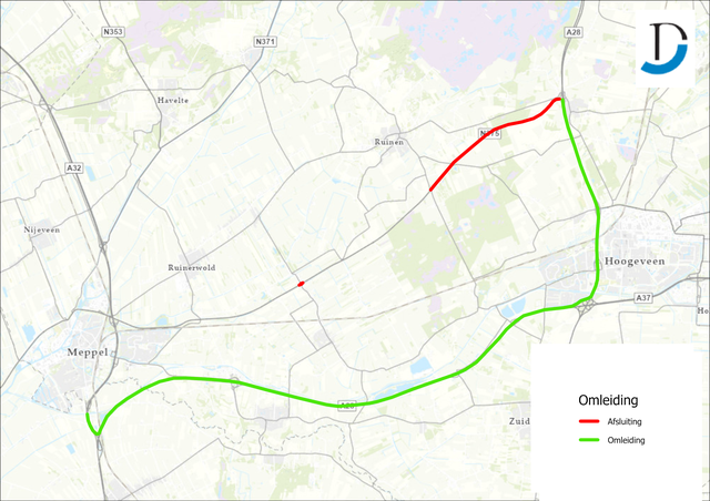 Wegwerkzaamheden aan N375 tussen Pesse en Ruinen zorgen voor afsluiting en omleidingen